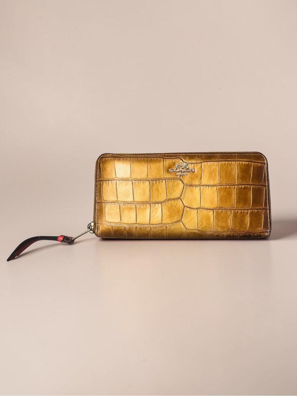 Coach Croc-Embossed Zip Wallet in Metallic Gold